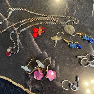 Lot of young girl jewelry. 5 pr. earrings and 1 necklace